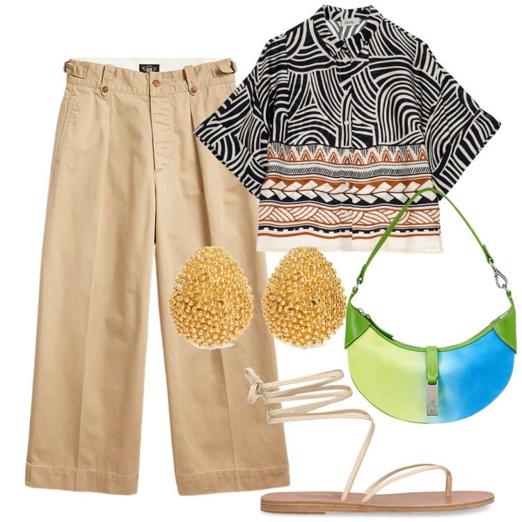 Outfit donna - La camicia jungle. Stile Etnico per Tutti i giorni. Abbinamento con pantaloni, borse a spalla, camicie, sandali in pelle, orecchini.