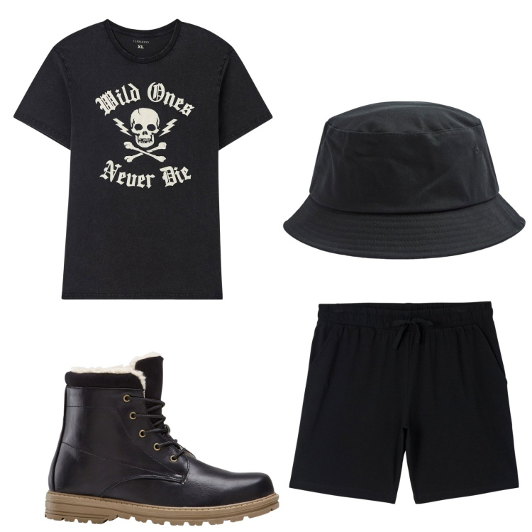 Outfit uomo - Rock. Stile Biker Rock per Tutti i giorni. Abbinamento con stivali e stivaletti, t-shirt, pantaloni corti, cappelli.