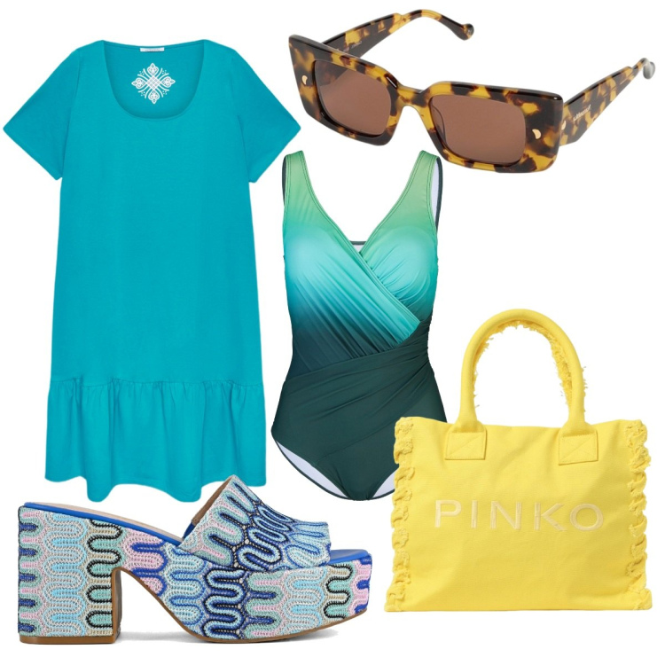 Outfit donna - Curvy -in spiaggia con stile. Stile Casual chic per Mare. Abbinamento con costumi interi, vestiti midi/longuette, borse tote, sabot, occhiali da sole.