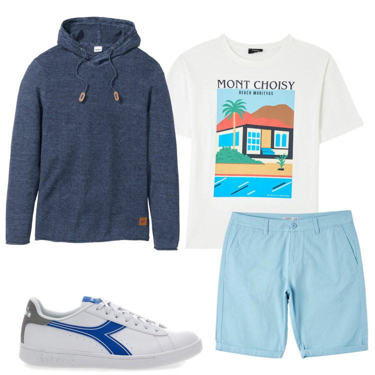 Outfit uomo - In hoverboard. Stile Casual per Tutti i giorni. Abbinamento con maglieria, t-shirt, bermuda, sneakers.