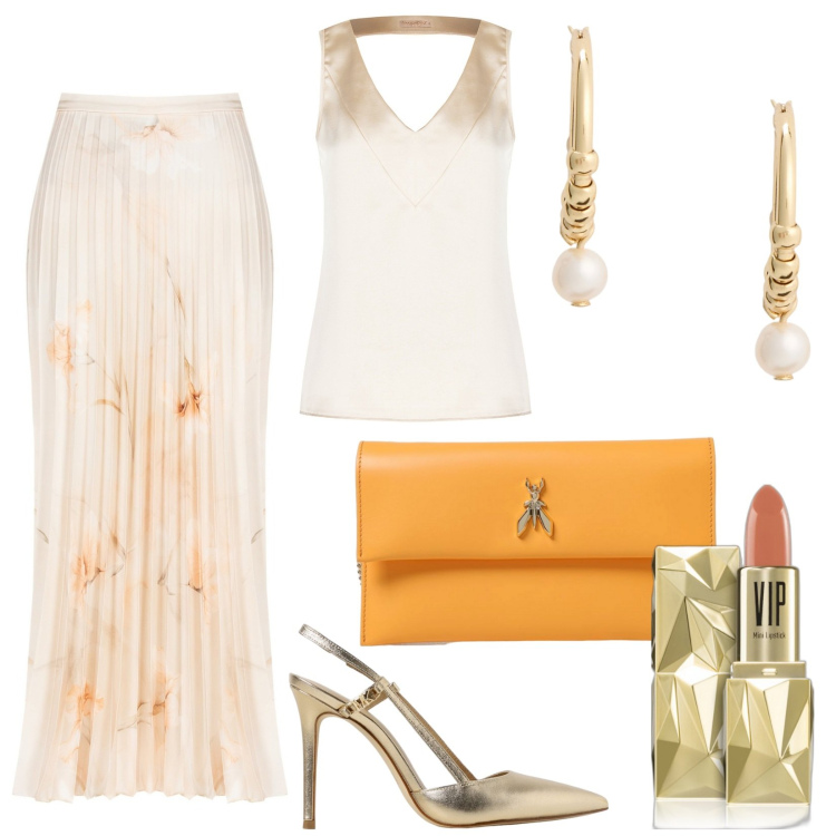 Outfit donna - Cerimonia in raso. Stile Glamour per Cerimonia. Abbinamento con rossetti, gonne longuette, top, orecchini, décolleté, clutch.