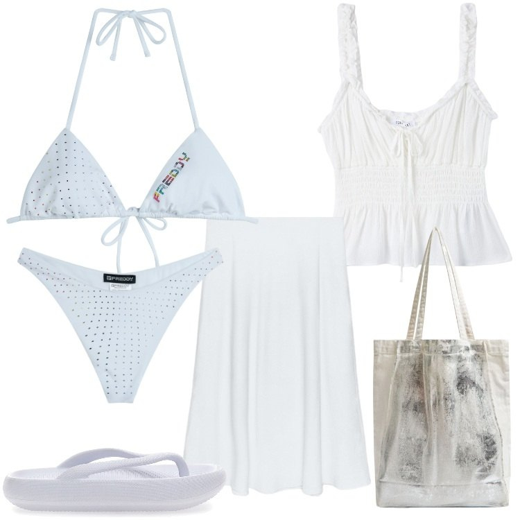 Outfit donna - Tintarella di luna. Stile Basic per Mare. Abbinamento con shopping bag, top, bikini, bikini, ciabatte, gonne.