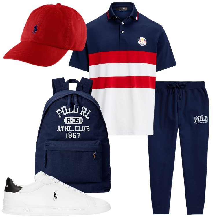 Outfit uomo - Una giornata in famiglia. Stile Casual per Tutti i giorni. Abbinamento con cappelli, sneakers, polo, pantaloni, borse sportive.