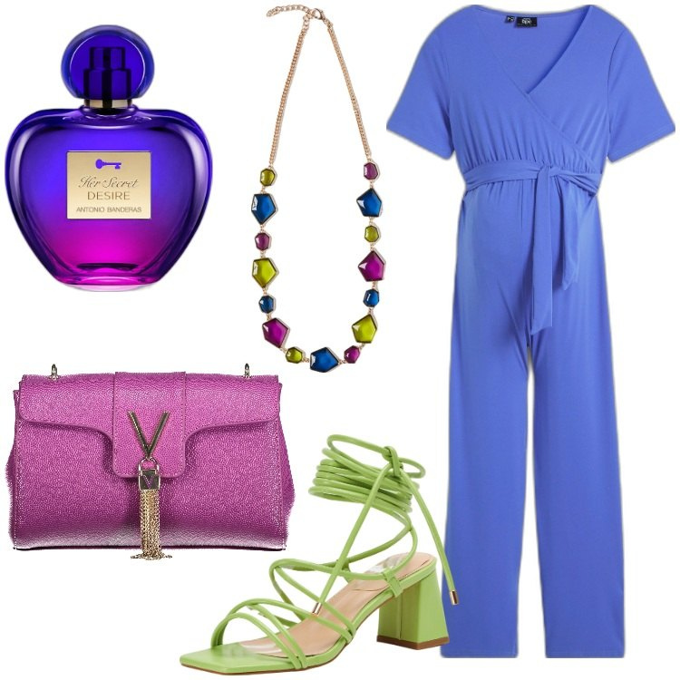 Outfit donna - Cerimonia in premaman. Stile Trendy per Cerimonia. look ideale per Premaman. Abbinamento con tute, profumi, sandali alla schiava, borse a tracolla, collane.