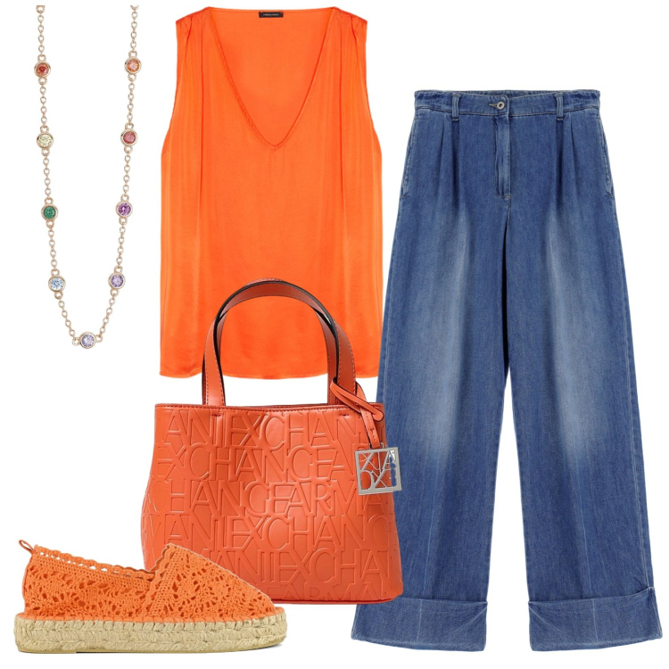 Outfit donna - Estate vitaminica. Stile Casual per Tutti i giorni. Abbinamento con collane, jeans, espadrillas, borse a mano, top.