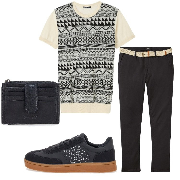 Outfit uomo - Aperitivo dopo il lavoro. Stile Trendy per Tutti i giorni. Abbinamento con pantaloni chino, maglieria, portafogli, sneakers.