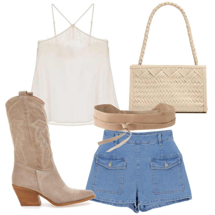 Outfit donna - Texani. Stile Trendy per Serata fuori. Abbinamento con cinture, shorts, top, stivali, borse a spalla.