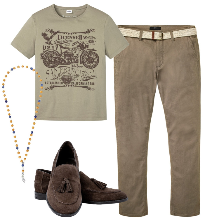 Outfit uomo - City. Stile Urban per Tutti i giorni. Abbinamento con t-shirt, pantaloni chino, collane, scarpe stringate.