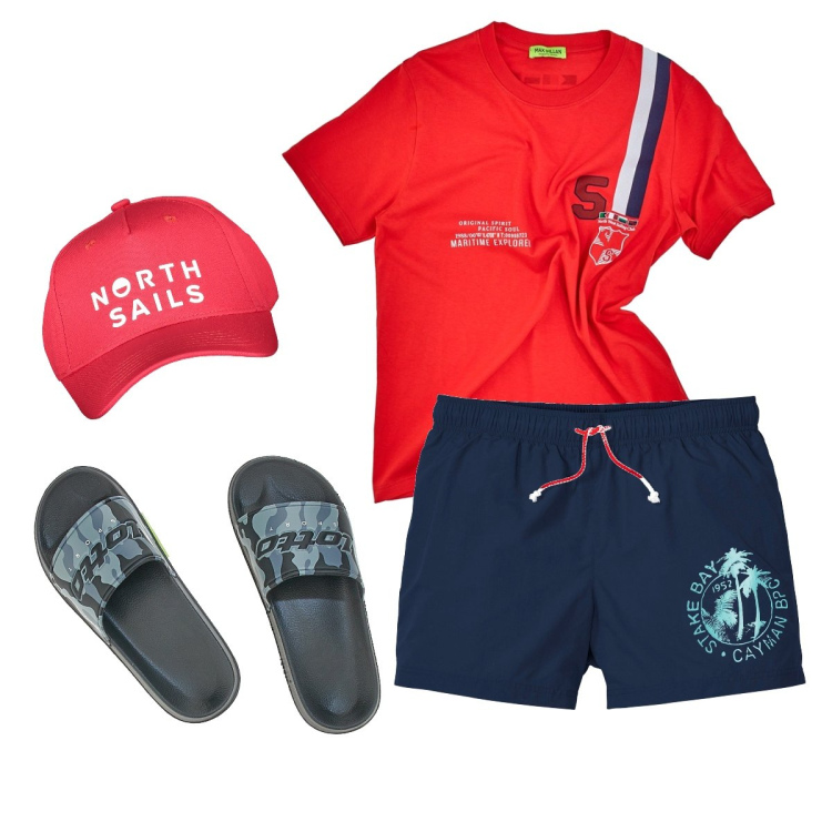 Outfit uomo - La t-shirt rossa. Stile Casual per Mare. Abbinamento con pantaloni corti, t-shirt, cappelli con visiera, sandali.