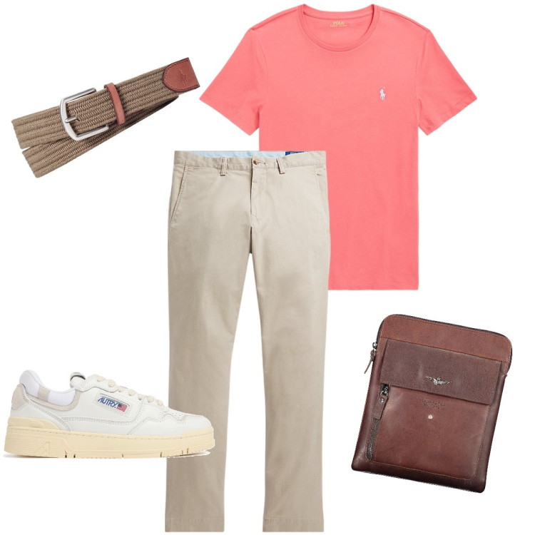 Outfit uomo - Rosa salmonato. Stile Urban per Ufficio. Abbinamento con pantaloni, t-shirt, cinture, portafogli, sneakers.