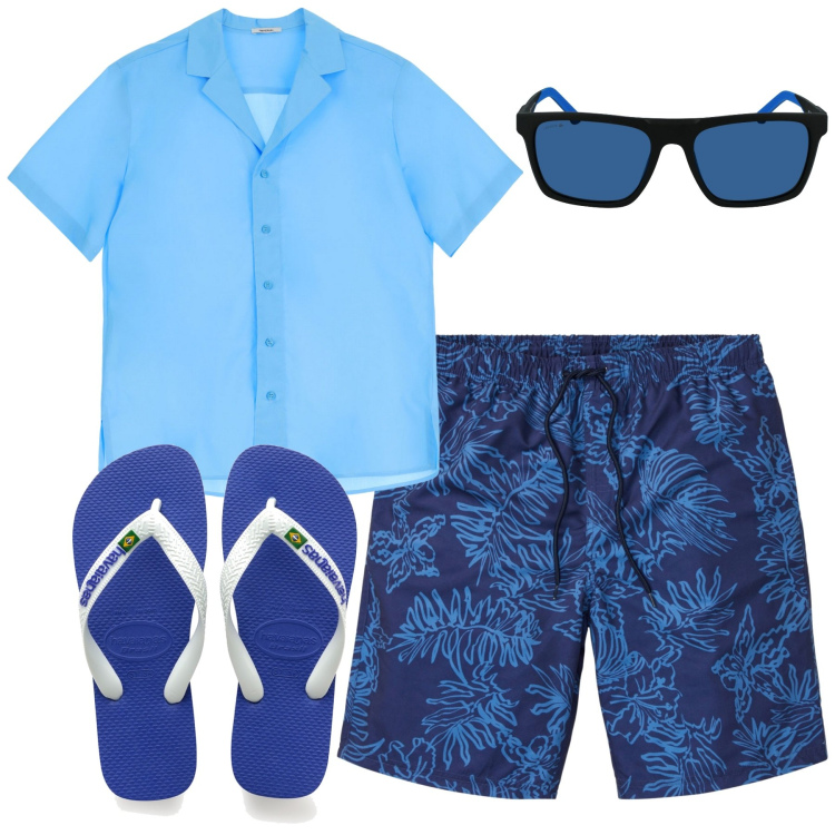 Outfit uomo - Summer vibes. Stile Trendy per Mare. Abbinamento con pantaloni corti, camicie a manica corta, sandali, occhiali da sole.