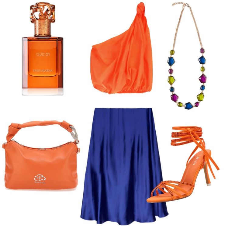 Outfit donna - Al calar del sole. Stile Casual chic per Serata fuori. Abbinamento con sandali alla schiava, profumi, top, collane, gonne lunghe, borse a mano.