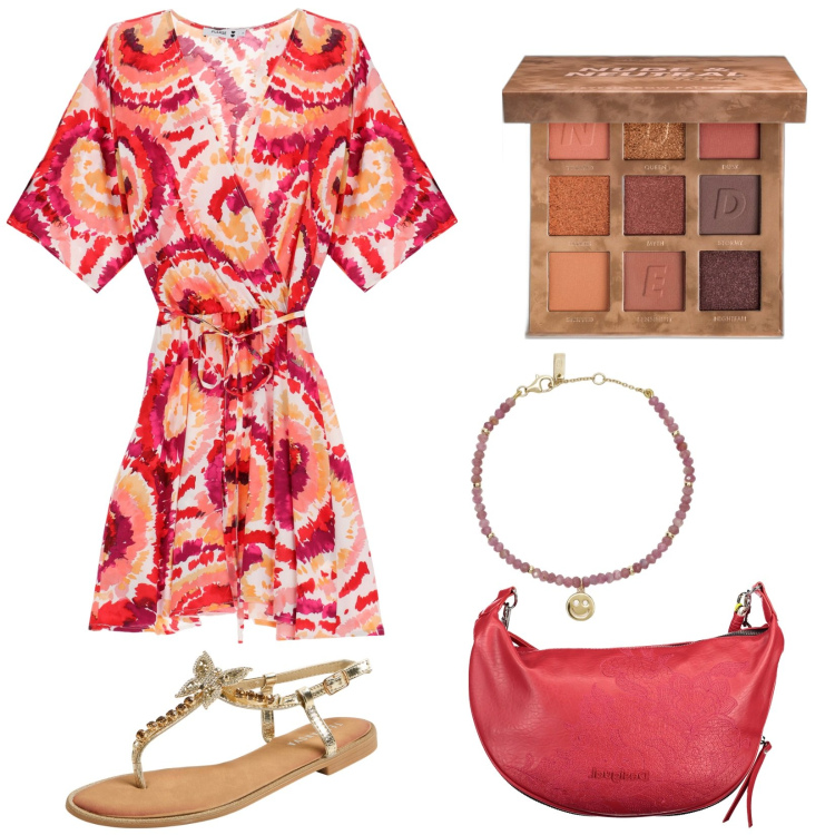 Outfit donna - Catch the stars. Stile Boho per Serata fuori. Abbinamento con ombretti, sandali gioiello, braccialetti, vestiti corti, borse a spalla.