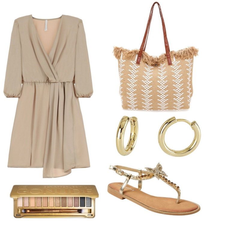 Outfit donna - Freschetto sul lungomare. Stile Basic per Serata fuori. Abbinamento con ombretti, sandali gioiello, orecchini, vestiti corti, borse a spalla.
