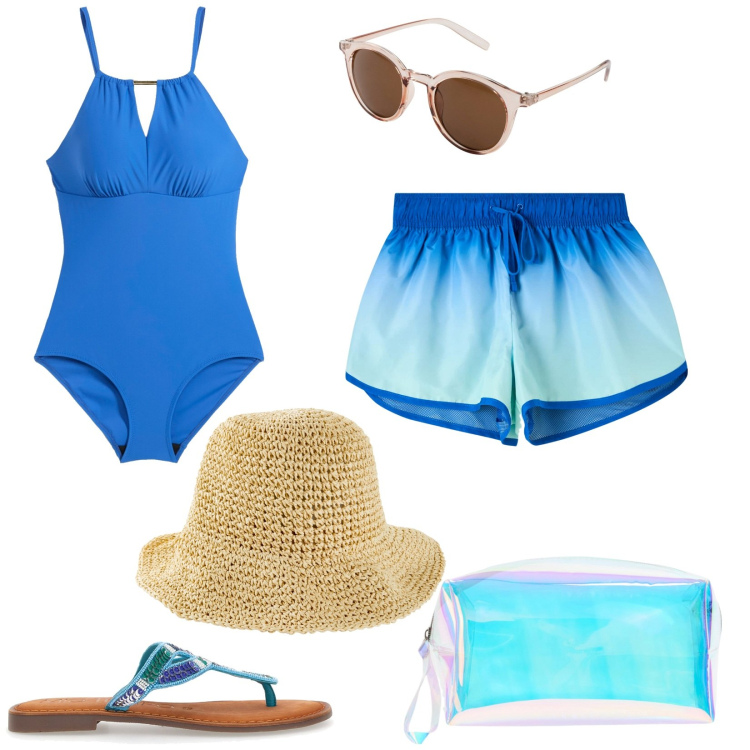 Outfit donna - In spiaggia con stile. Stile Basic per Mare. Abbinamento con occhiali da sole, cappelli, costumi interi, shorts, valigie, ciabatte.