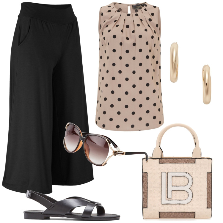 Outfit donna - Sabbia e nero. Stile Casual chic per Tutti i giorni. Abbinamento con pantaloni culotte, top, sandali, occhiali da sole, orecchini, borse a mano.