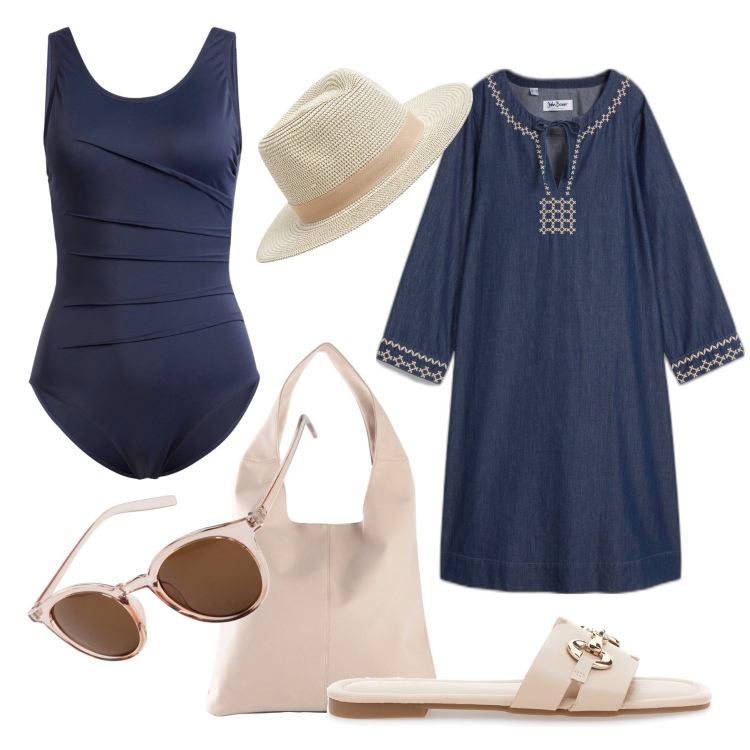 Outfit donna - Stilosa in blu. Stile Glamour per Mare. Abbinamento con costumi interi, occhiali da sole, vestiti, shopping bag, cappelli, ciabatte.