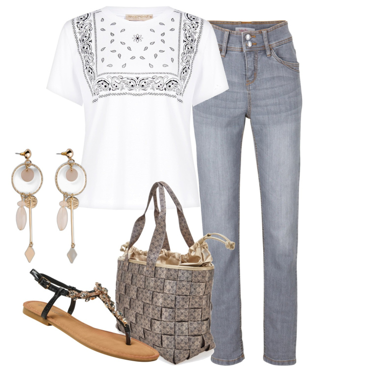 Outfit donna - City. Stile Casual chic per Tutti i giorni. Abbinamento con jeans slim fit, orecchini, sandali gioiello, t-shirt, borse a spalla.