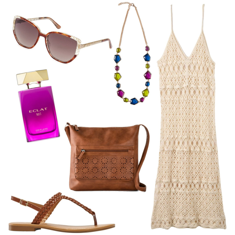 Outfit donna - Abito sabbia. Stile Boho per Tutti i giorni. Abbinamento con borse a tracolla, ciabatte, profumi, vestiti lunghi, occhiali da sole, collane.