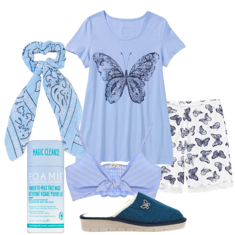 Outfit donna - Buonanotte. Stile Minimal per Tutti i giorni. Abbinamento con pigiama, ciprie, top, accessori per capelli, pantofole.