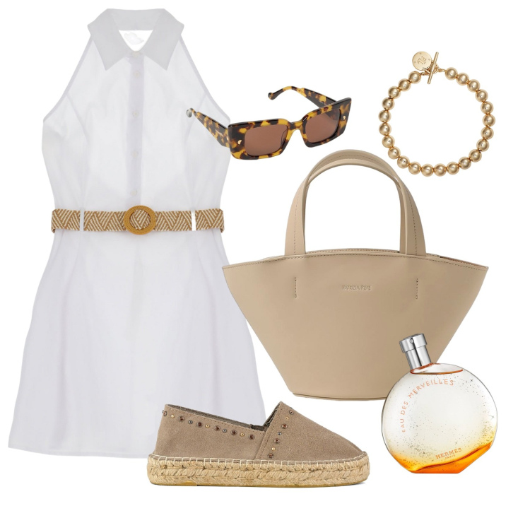Outfit donna - La sabbia tra le dita. Stile Casual per Mare. Abbinamento con profumi, vestiti corti, braccialetti, borse a spalla, espadrillas, occhiali da sole.