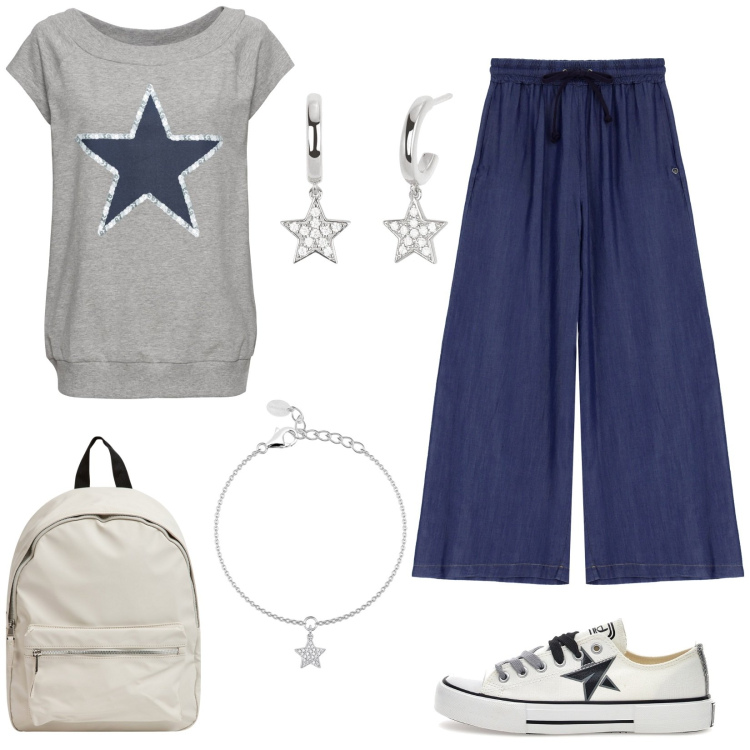 Outfit donna - A San Lorenzo cadono stelle sull\'outfit. Stile Casual per Tutti i giorni. Abbinamento con t-shirt, zaini, braccialetti con ciondoli, orecchini, jeans bootcut, sneakers.