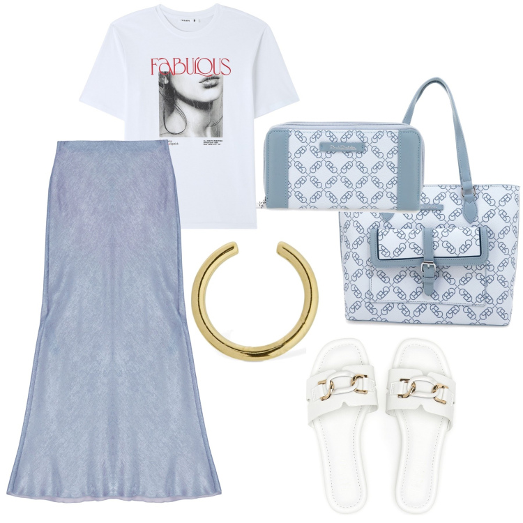 Outfit donna - Coordinata e fresca. Stile Casual chic per Tutti i giorni. Abbinamento con gonne lunghe, t-shirt, ciabatte, borse a spalla, orecchini, portafogli.