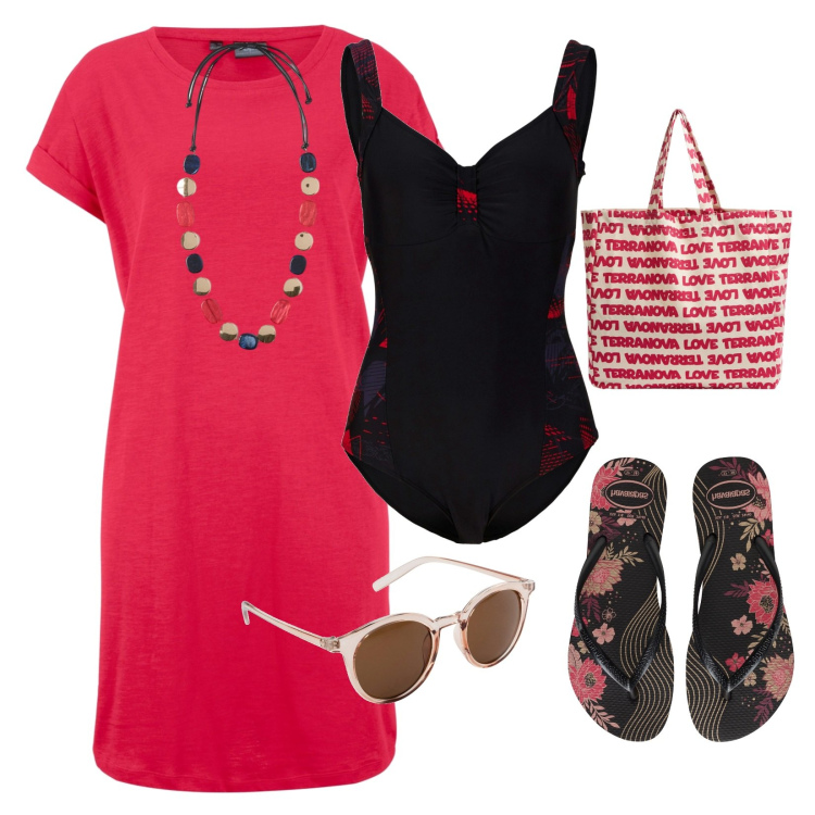 Outfit donna - Vamos ala playa!!!. Stile Casual chic per Mare. Abbinamento con vestiti, occhiali da sole, costumi interi, borse tote, collane, infradito.