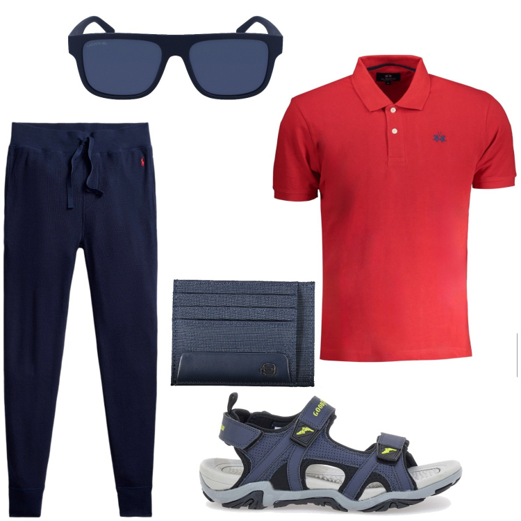 Outfit uomo - Trendy. Stile Casual per Tutti i giorni. Abbinamento con pantaloni, portafogli, occhiali da sole, polo, sandali.