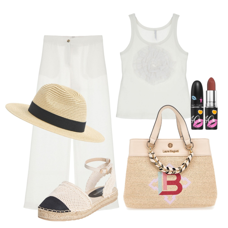 Outfit donna - Ghost outfitter - agosto. Stile Casual per Mare. Abbinamento con rossetti, cappelli, espadrillas, top, pantaloni a palazzo, borse a mano.