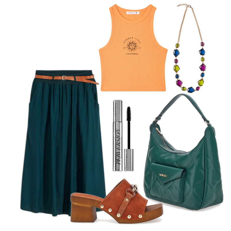 Outfit donna - Ghost outfitter - agosto. Stile Trendy per Tutti i giorni. Abbinamento con gonne lunghe, mascara, canottiere, borse a spalla, zoccoli, collane.