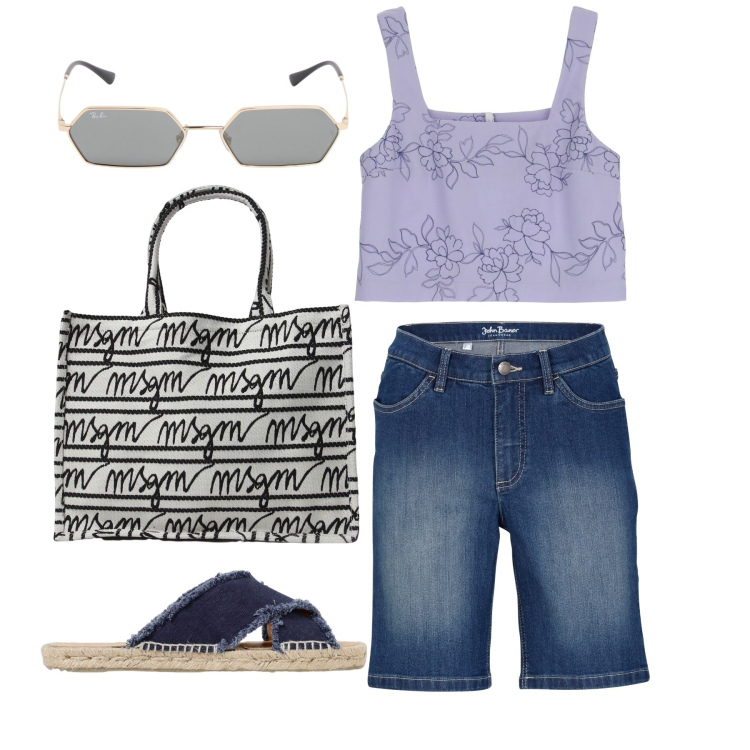 Outfit donna - Ghost outfitter - agosto. Stile Trendy per Tutti i giorni. Abbinamento con bermuda, top, borse tote, sandali, occhiali da sole.