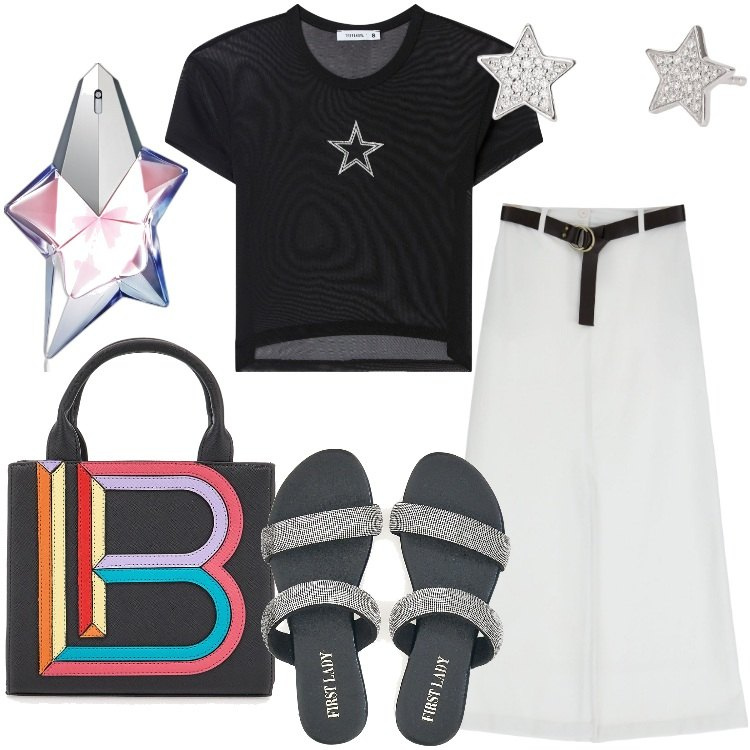 Outfit donna - Catch the Stars - @laurafo. Stile Trendy per Serata fuori. Abbinamento con profumi, orecchini, t-shirt, gonne lunghe, ciabatte, borse a mano.