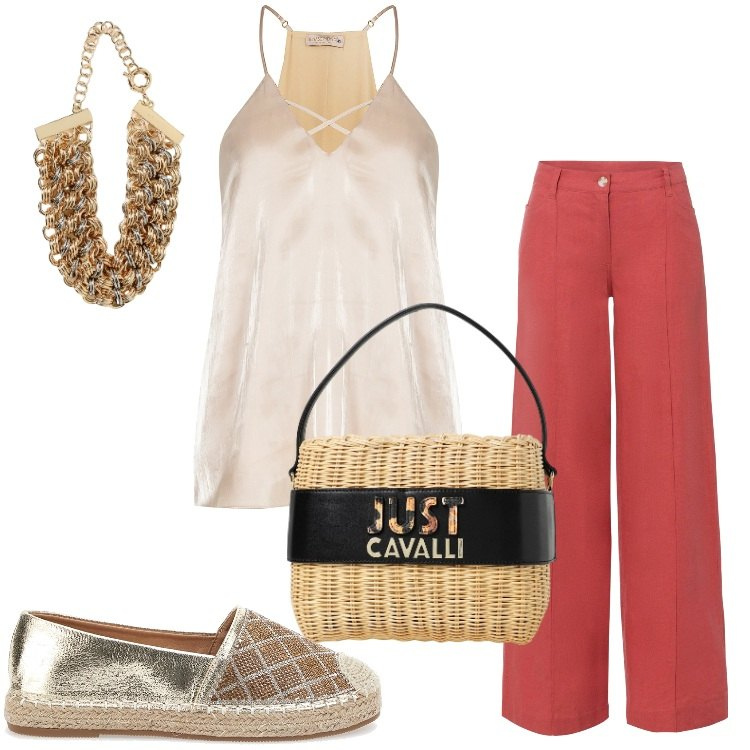 Outfit donna - Boho chic evento. Stile Boho per Serata fuori. Abbinamento con pantaloni a palazzo, top, borse a spalla, espadrillas, collane.