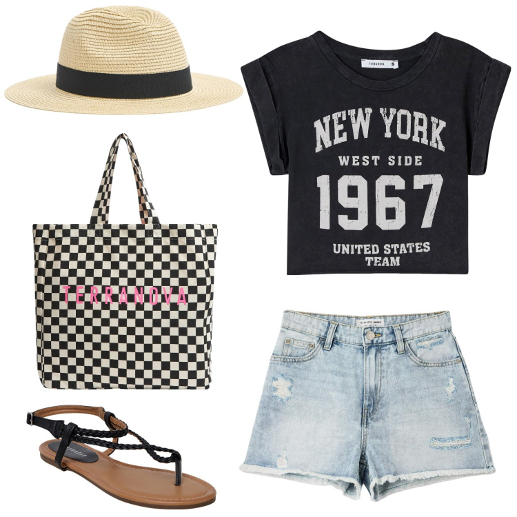 Outfit donna - Vacanze vacanze. Stile Basic per Tutti i giorni. Abbinamento con shorts, t-shirt, ciabatte, cappelli, shopping bag.