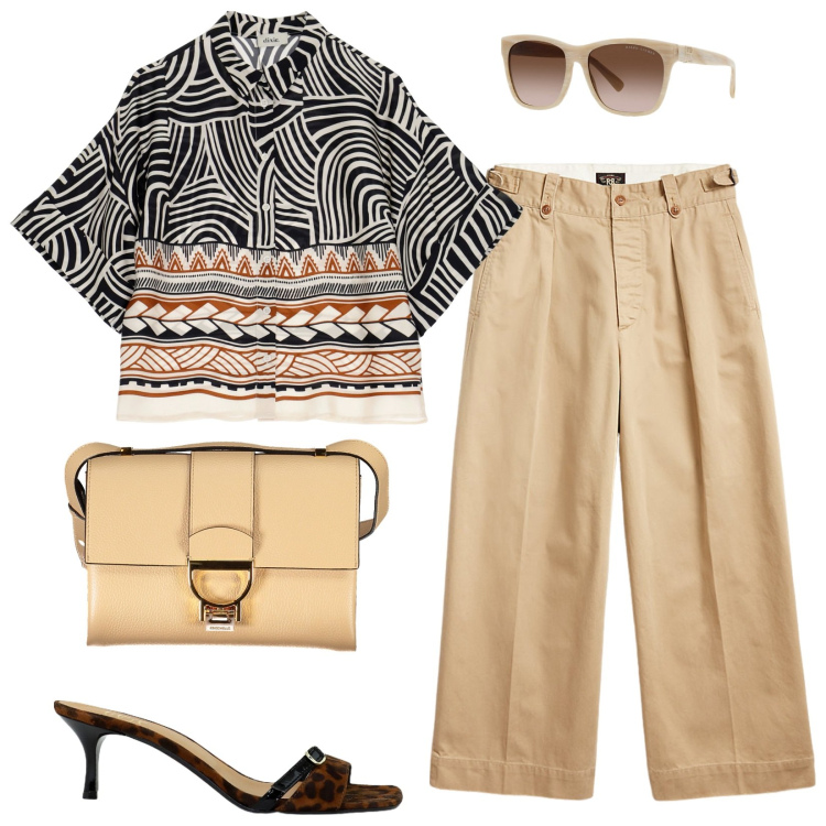 Outfit donna - Giungla in città. Stile Casual chic per Ufficio. Abbinamento con camicie, sandali col tacco, pantaloni, occhiali da sole, borse a tracolla.