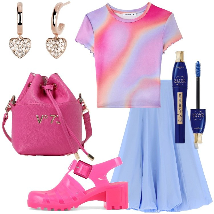 Outfit donna - Trend sandali jelly. Stile Trendy per Tutti i giorni. Abbinamento con mascara, t-shirt, orecchini, gonne longuette, sandali col tacco, borse a spalla.