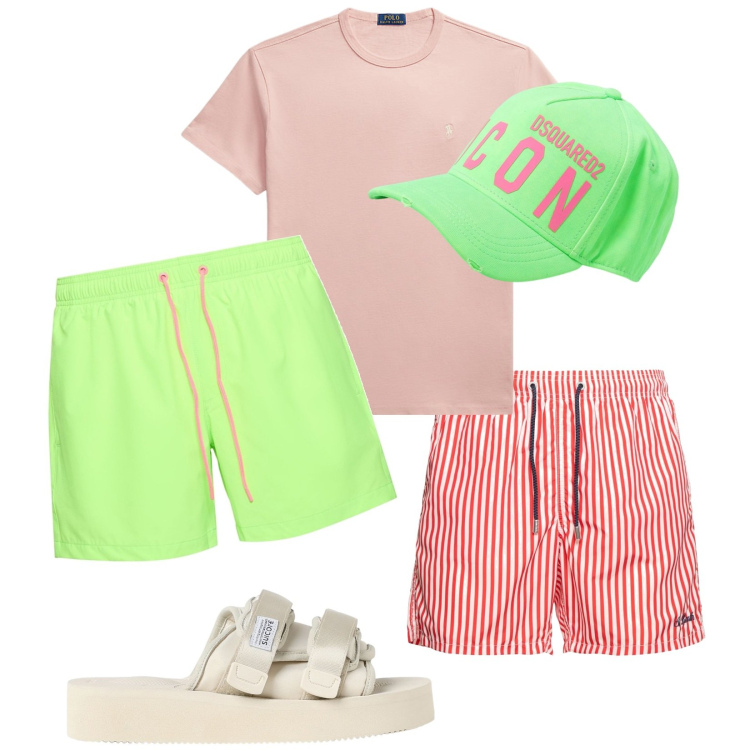 Outfit uomo - Un tuffo e via. Stile Trendy per Mare. Abbinamento con t-shirt, costumi, shorts, sandali, cappelli.