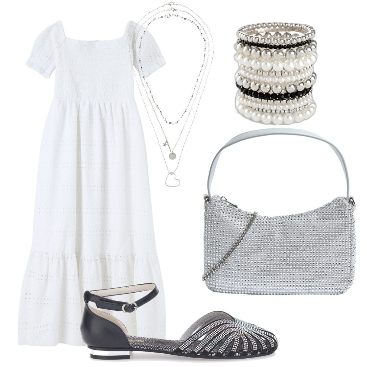 Outfit donna - Stile boho -chic per un\'evento. Stile Boho per Cerimonia. Abbinamento con collane, braccialetti, vestiti lunghi, borse a tracolla, sandali gioiello.