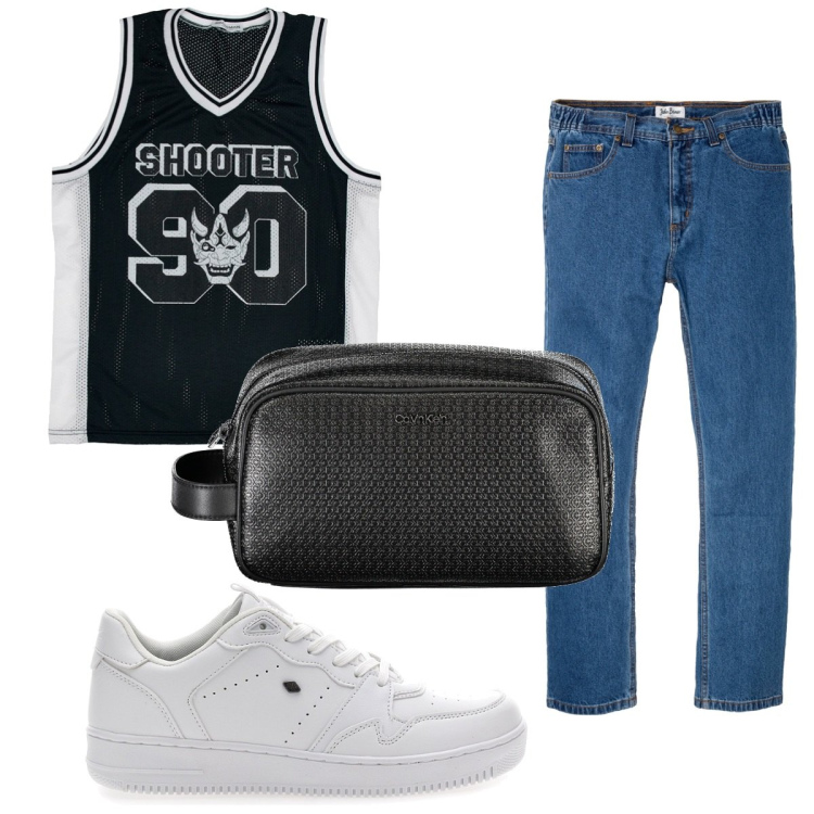 Outfit uomo - Total look #1930803. Stile Trendy per Tutti i giorni. Abbinamento con jeans dritti, t-shirt, sneakers, borse sportive.