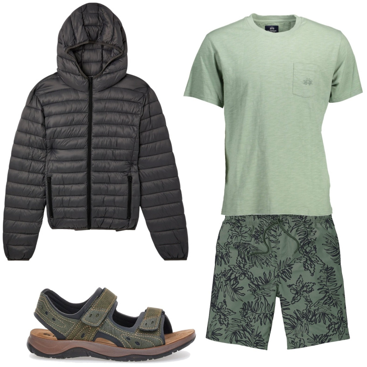 Outfit uomo - Camping al mare. Stile Casual per Tutti i giorni. Abbinamento con pantaloni corti, giacche, t-shirt, sandali.