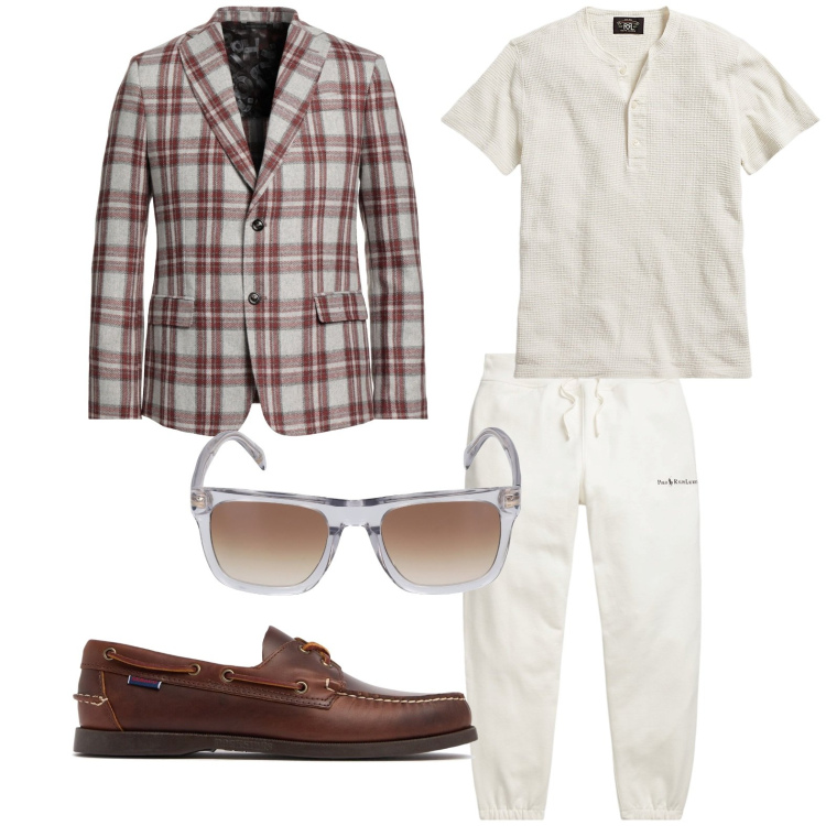 Outfit uomo - Sporty glam. Stile Casual per Tutti i giorni. Abbinamento con giacche, t-shirt, pantaloni, occhiali da sole, scarpe stringate.