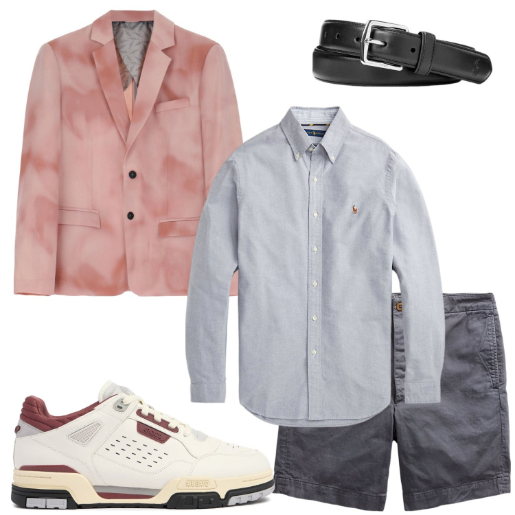 Outfit uomo - Set giacca e pantaloncini. Stile Casual per Tutti i giorni. Abbinamento con giacche, cinture, camicie, pantaloni chino, sneakers.
