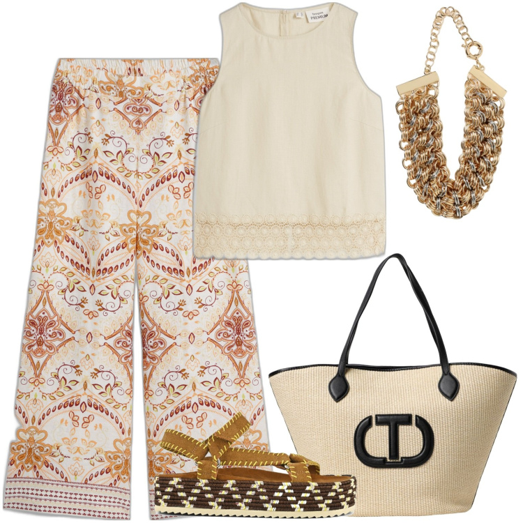 Outfit donna - Cocktail party in stile boho. Stile Boho per Serata fuori. Abbinamento con pantaloni a palazzo, top, sandali, collane, borse tote.