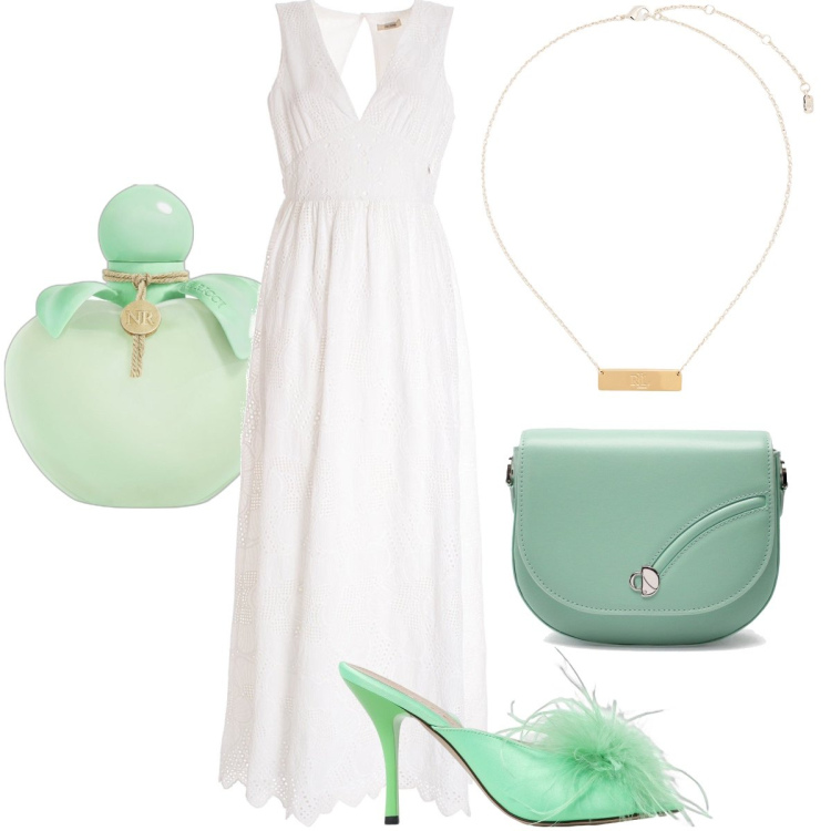 Outfit donna - L’abito bianco. Stile Bon Ton per Cerimonia. Abbinamento con profumi, vestiti lunghi, ciondoli, borse a tracolla, sandali col tacco.
