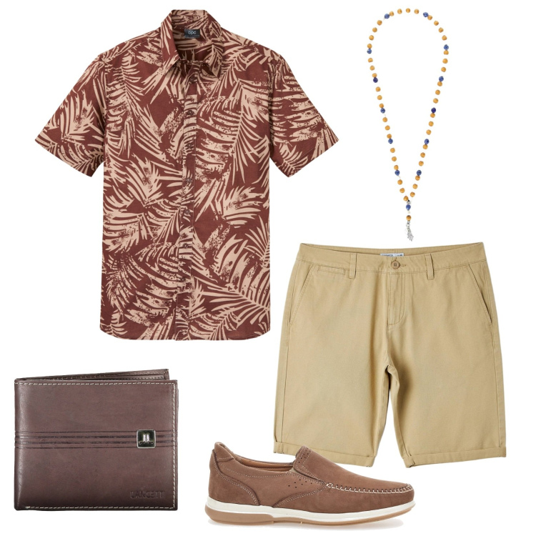 Outfit uomo - Passeggiata. Stile Casual per Tutti i giorni. Abbinamento con camicie a manica corta, bermuda, collane, portafogli, scarpe stringate.