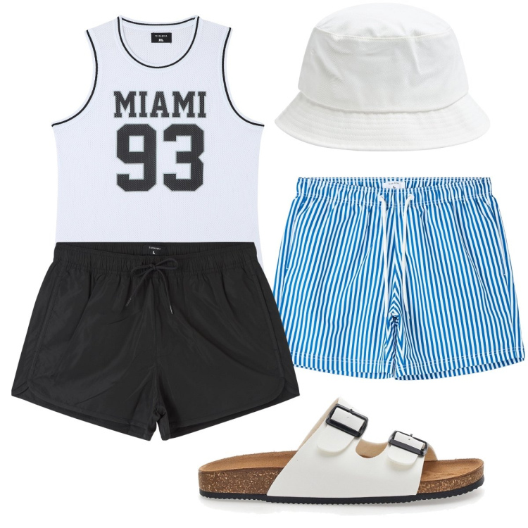 Outfit uomo - Tutti al mare. Stile Casual per Mare. Abbinamento con costumi, cappelli, bermuda, canottiere, sandali.