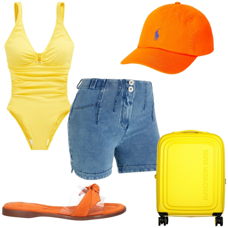 Outfit donna - Total look #1930924. Stile Trendy per Mare. Abbinamento con sandali in pelle, shorts, cappelli, costumi, valigie.