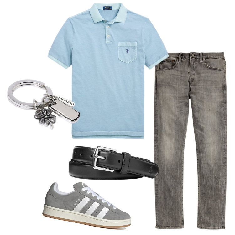 Outfit uomo - Easy. Stile Casual per Tutti i giorni. Abbinamento con portachiavi, cinture, jeans, polo, sneakers.
