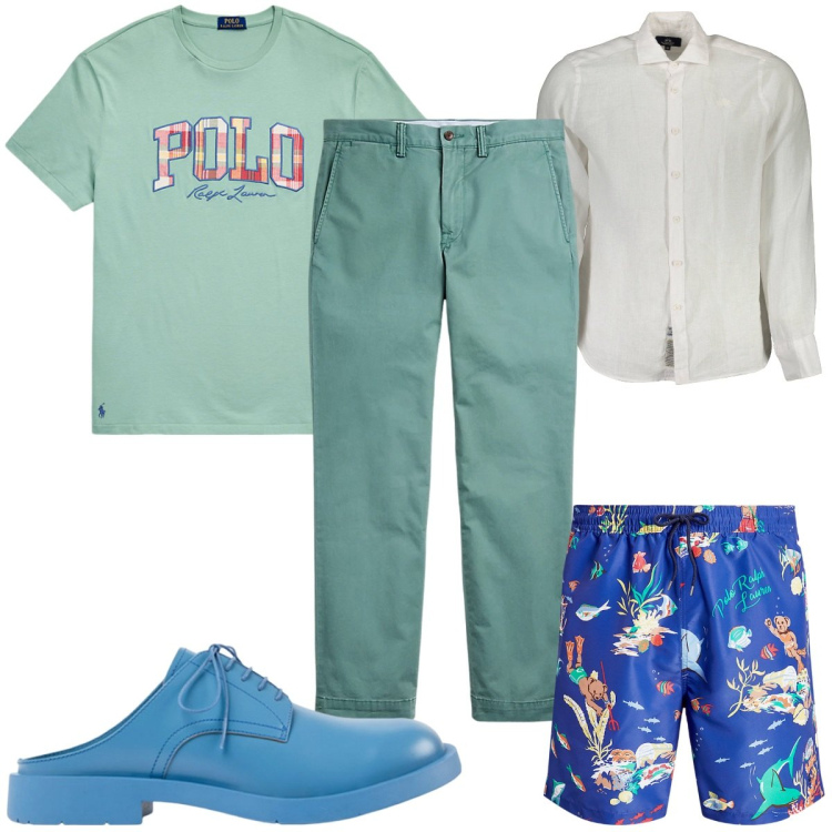 Outfit uomo - Total look #1930954. Stile Trendy per Mare. Abbinamento con pantaloni, costumi, t-shirt, camicie, sandali.